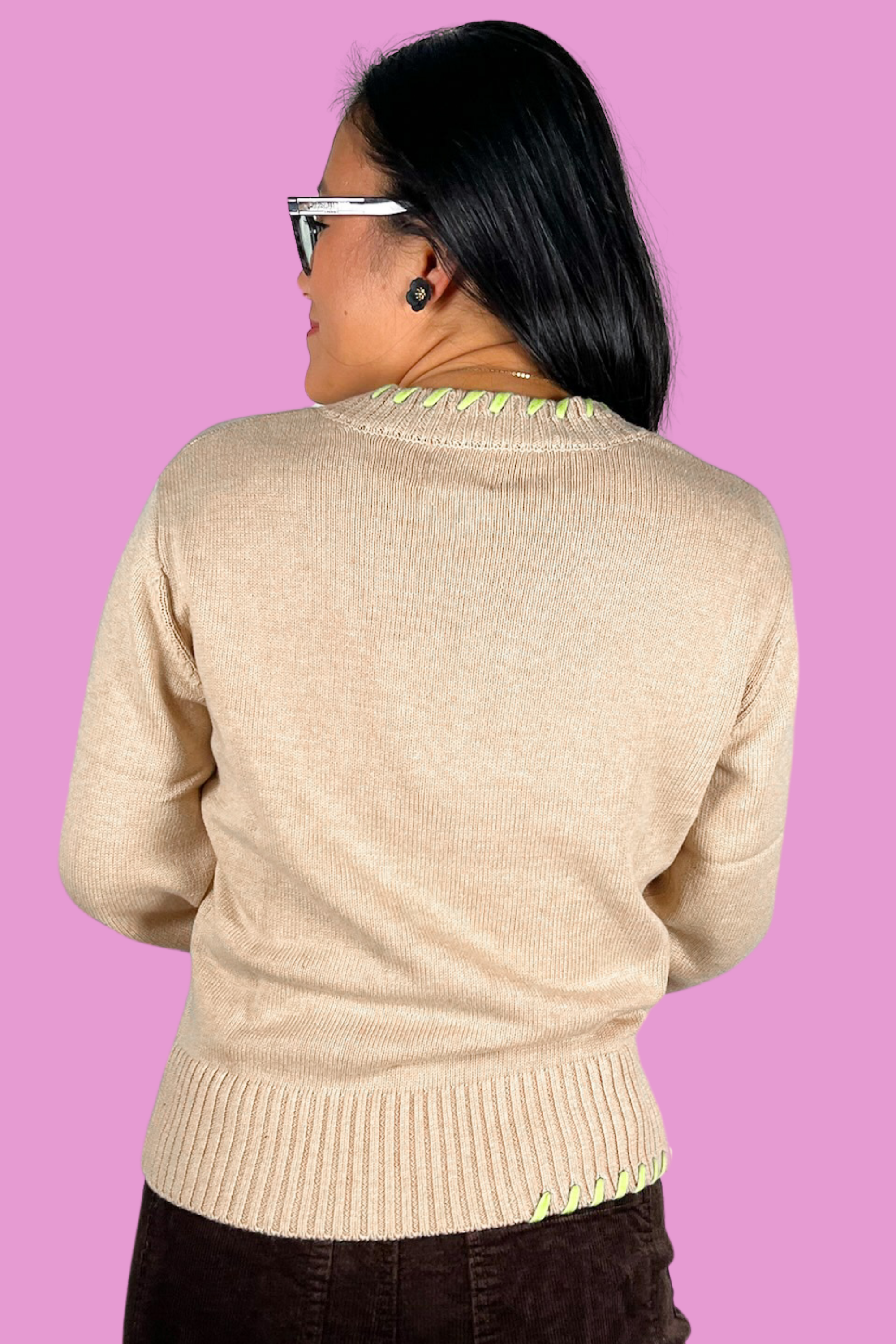 Parker Stitched Sweater - Cream/Lime