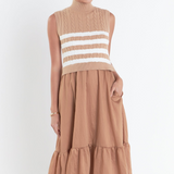 Roe Mixed Media Midi Dress - Camel/White