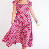 Lil Blockprint Smocked Maxi Dress - Magenta Gold Rose