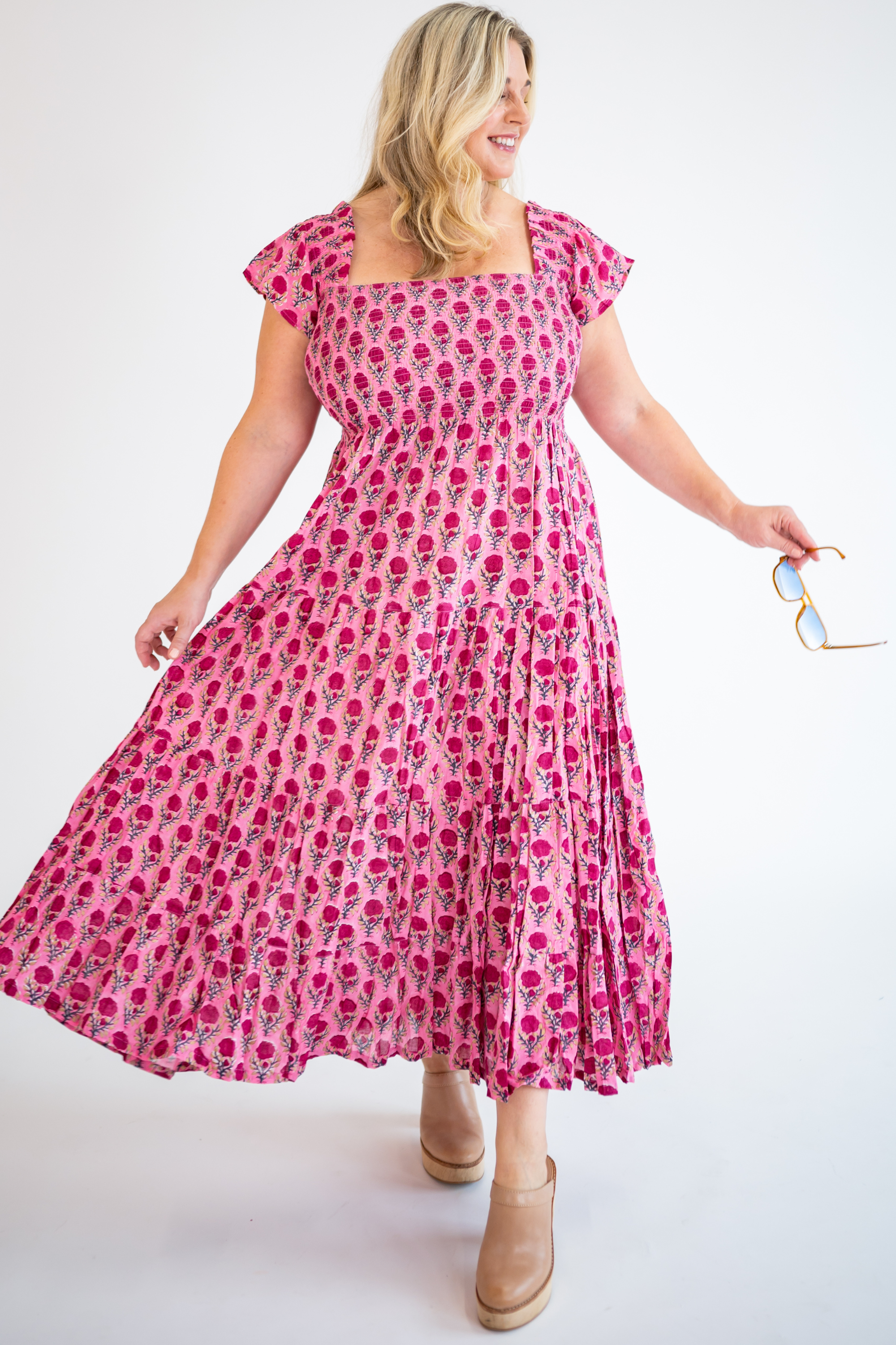 Lil Blockprint Smocked Maxi Dress - Magenta Gold Rose