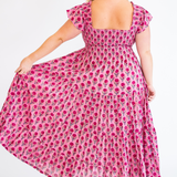 Lil Blockprint Smocked Maxi Dress - Magenta Gold Rose