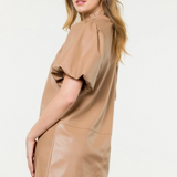 Puffy Faux Leather Mini Dress - Beige