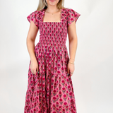 Lil Blockprint Smocked Maxi Dress - Magenta Gold Rose