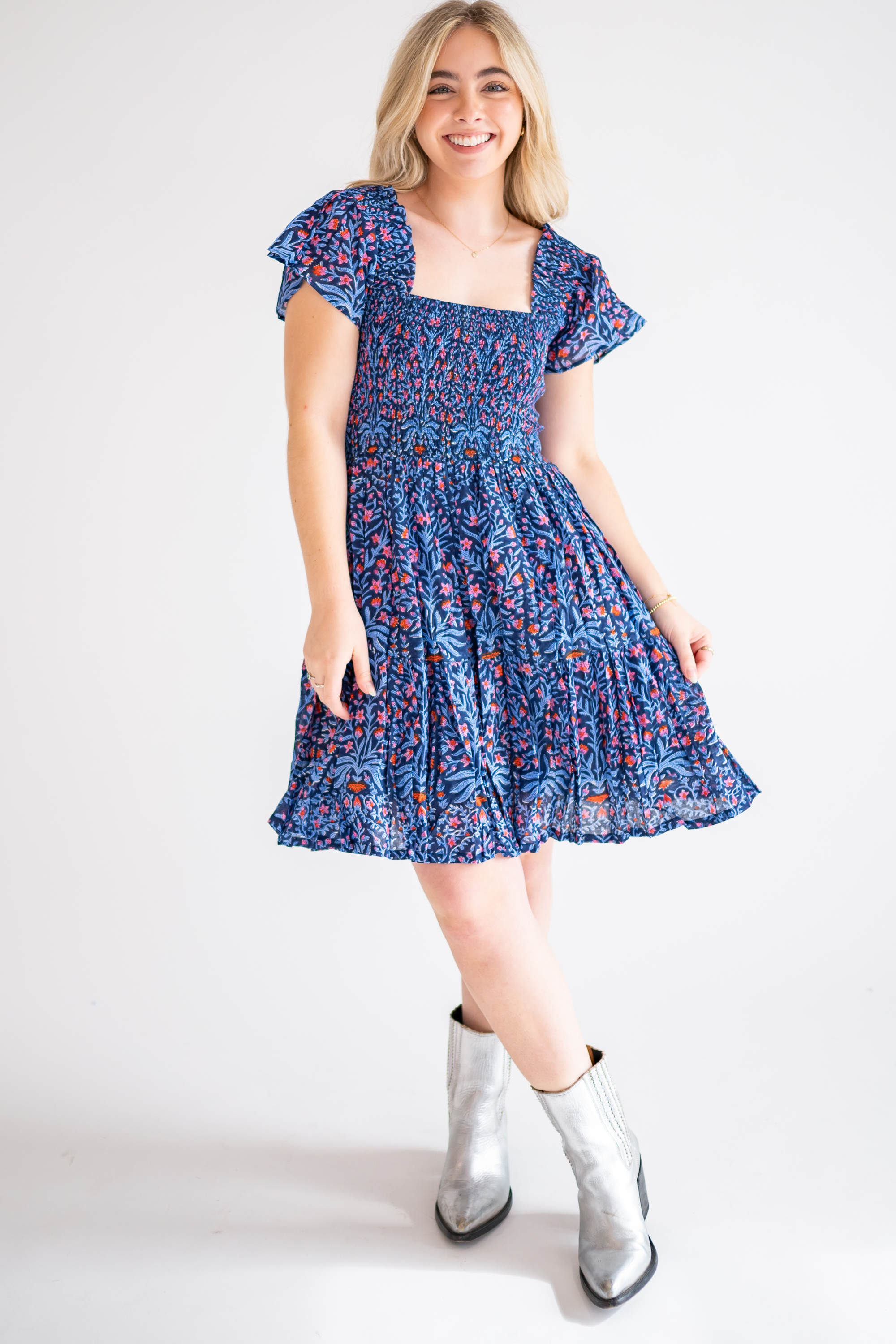 Lil Smocked Mini Dress - Navy Multi Blossom