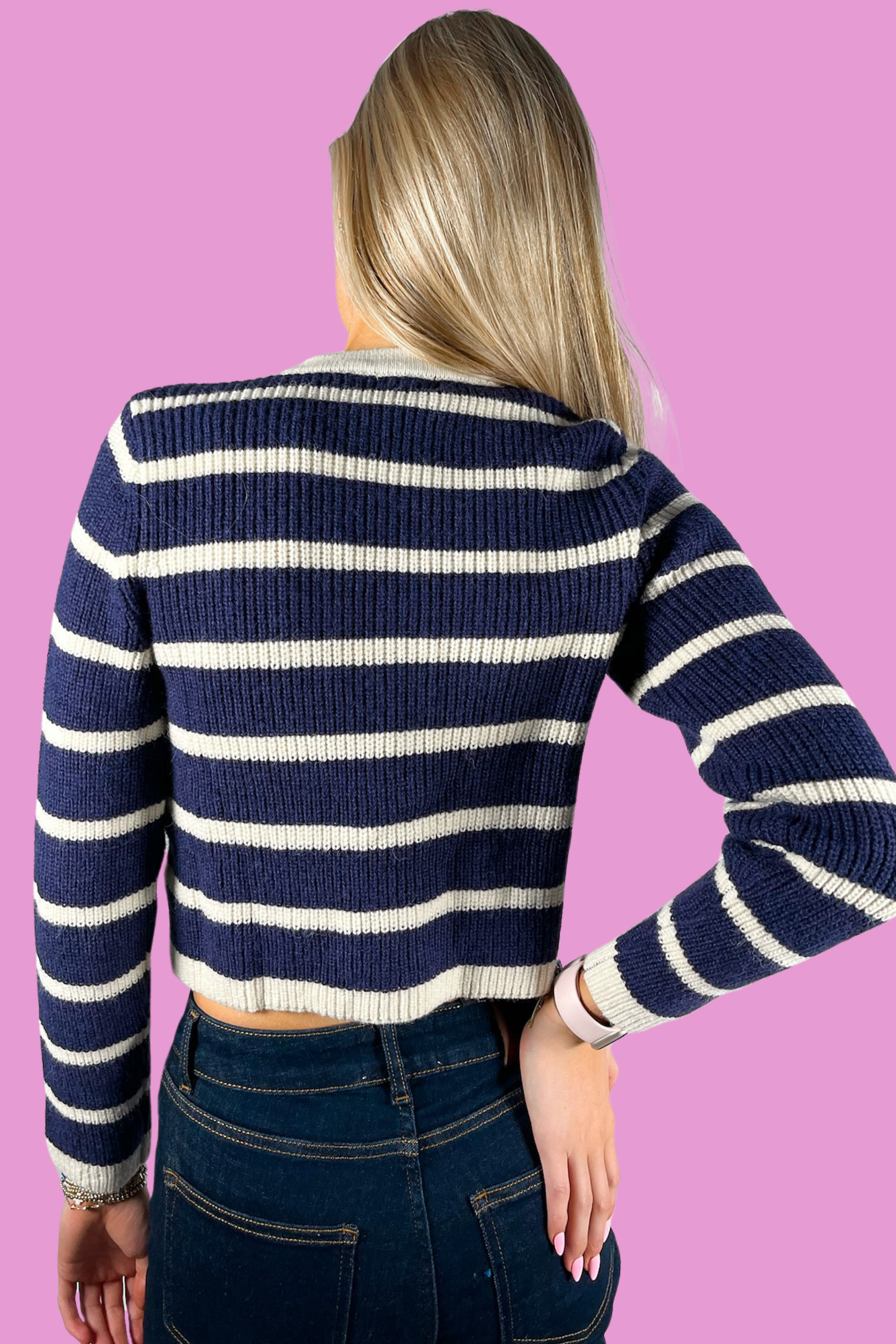 Prep Cropped Stripe Cardigan - Navy/Cream