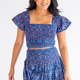 Tina Smocked Crop Top - Navy Multi Blossom