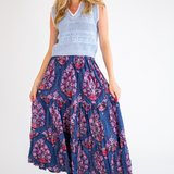 Grace Blockprint Maxi Skirt - Navy Magenta Big Floral