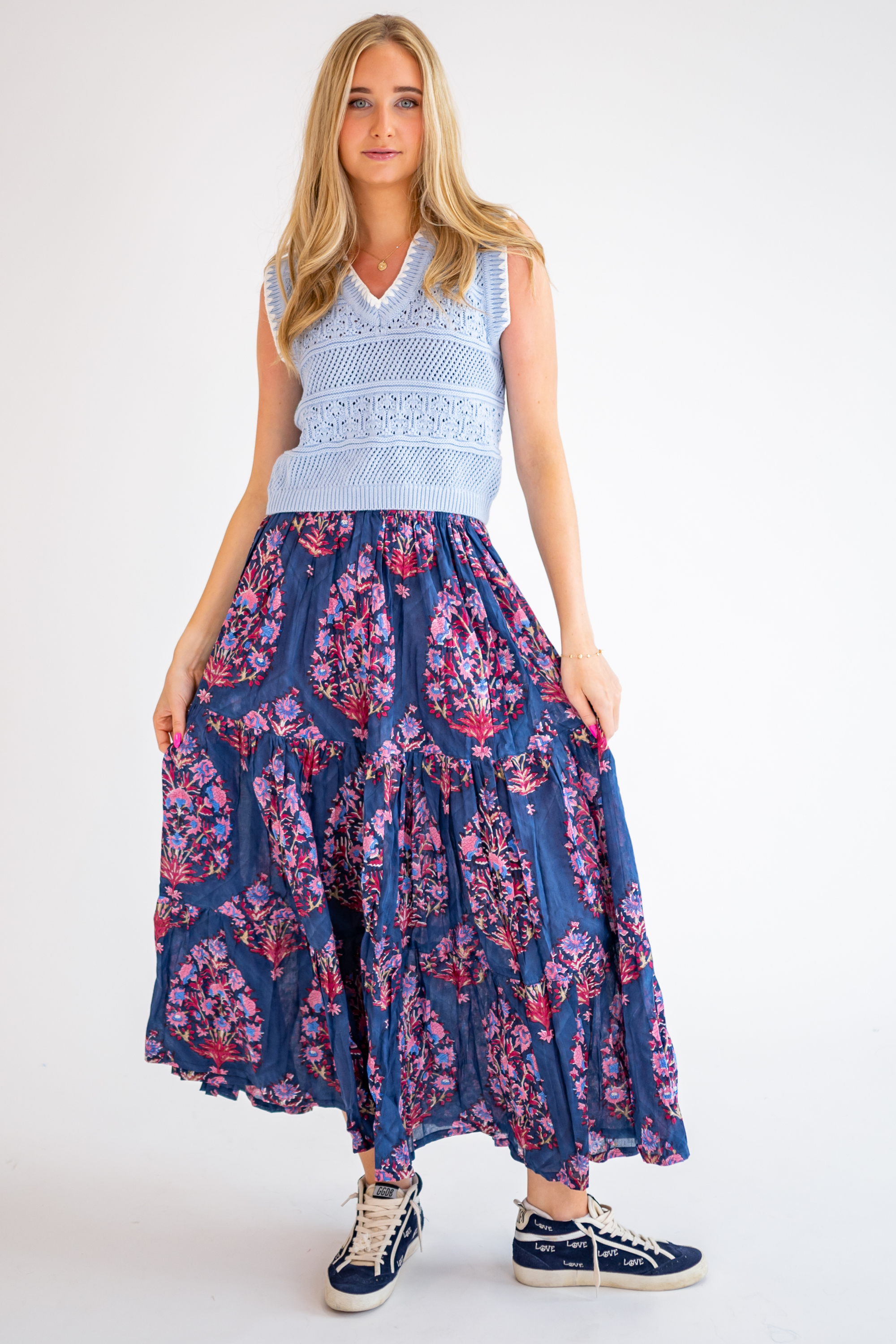 Grace Blockprint Maxi Skirt - Navy Magenta Big Floral