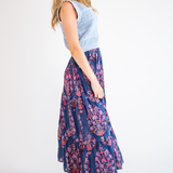 Grace Blockprint Maxi Skirt - Navy Magenta Big Floral