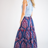 Grace Blockprint Maxi Skirt - Navy Magenta Big Floral