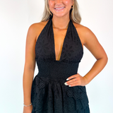 Dana Eyelet Halter Mini Dress - Black