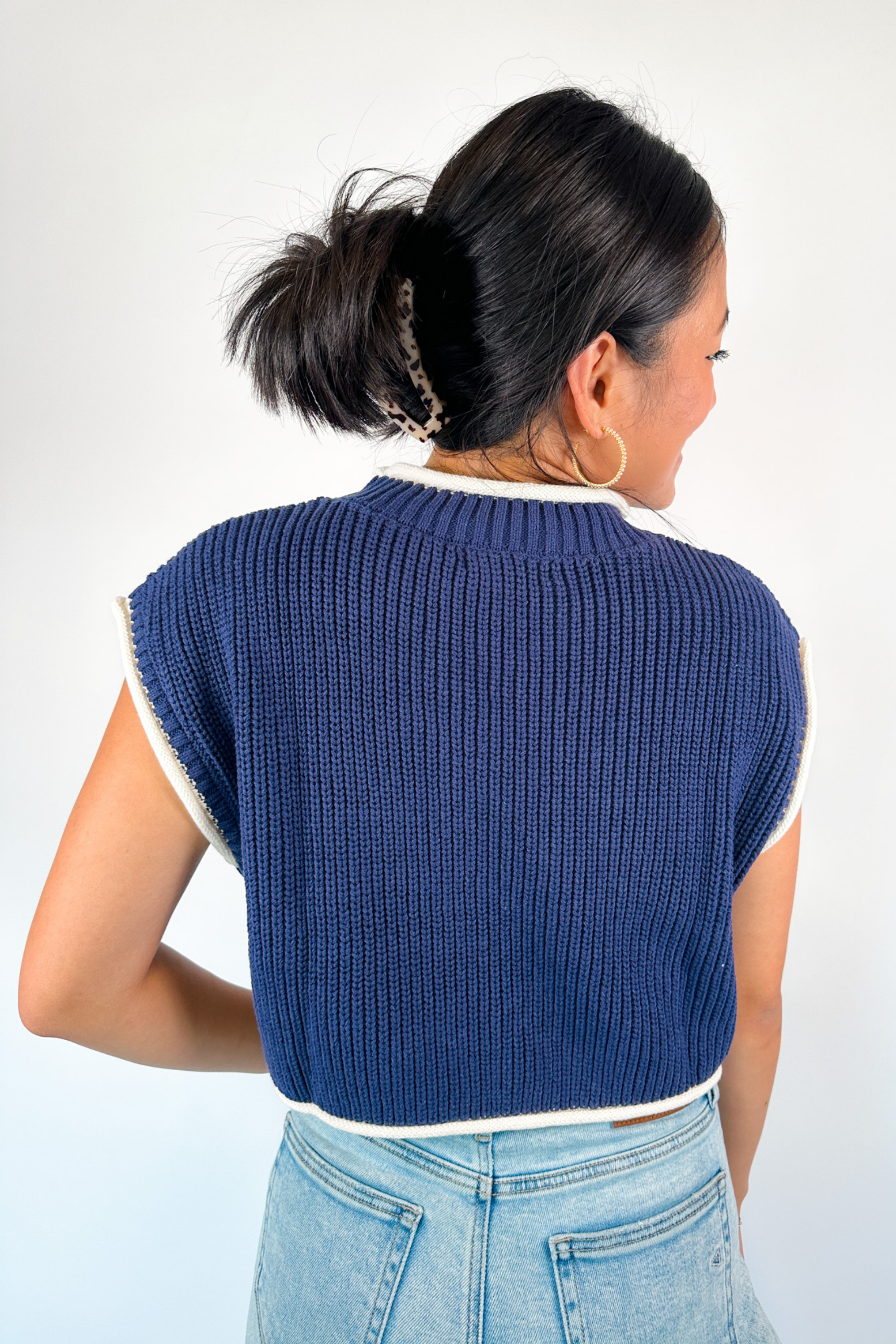 Hilary Contrast Short Sleeve Sweater - Navy