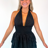 Dana Eyelet Halter Mini Dress - Black