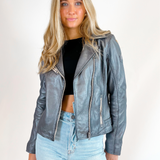 Sofia Metallic Leather Jacket - Gunmetal