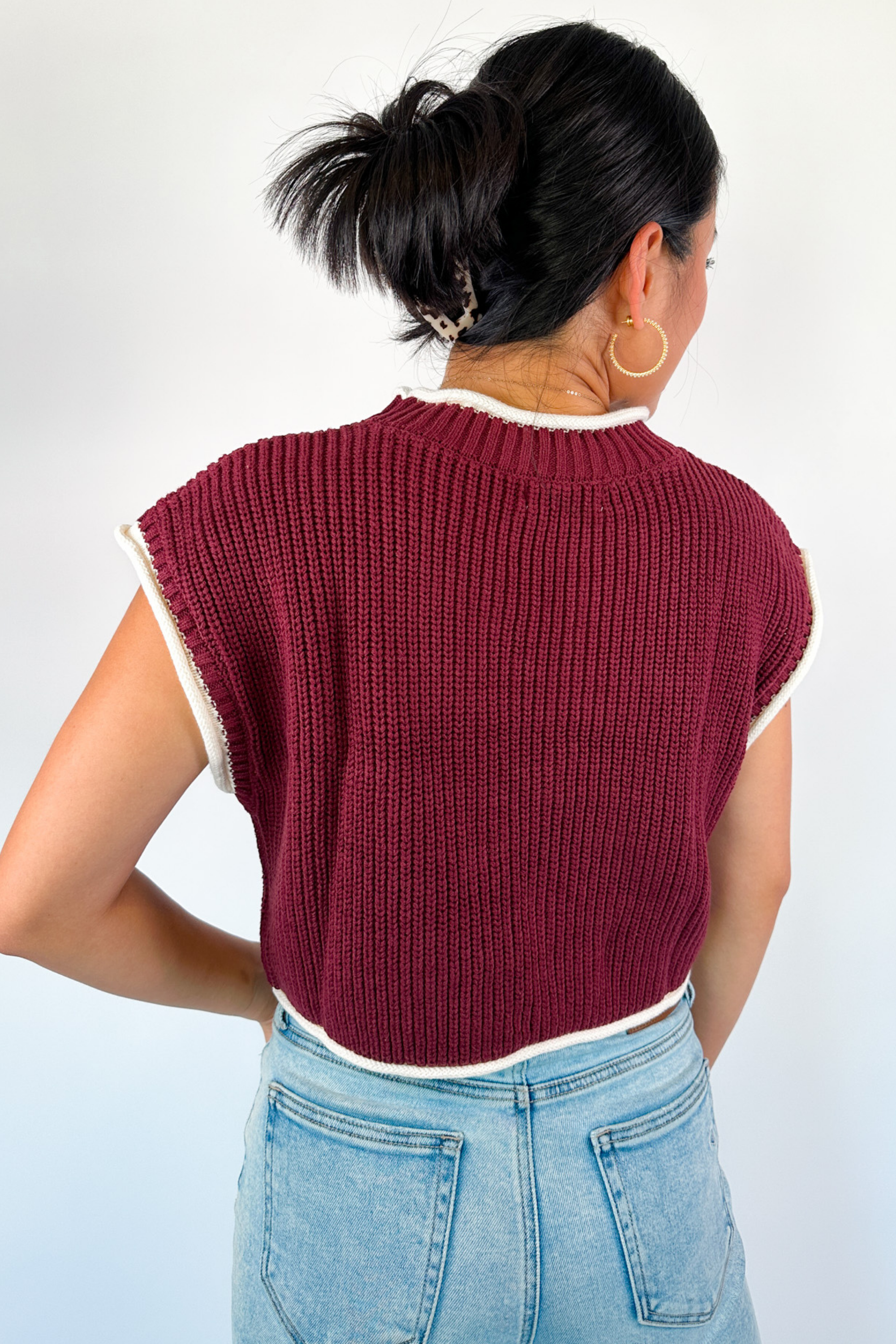 Hilary Contrast Short Sleeve Sweater - Maroon