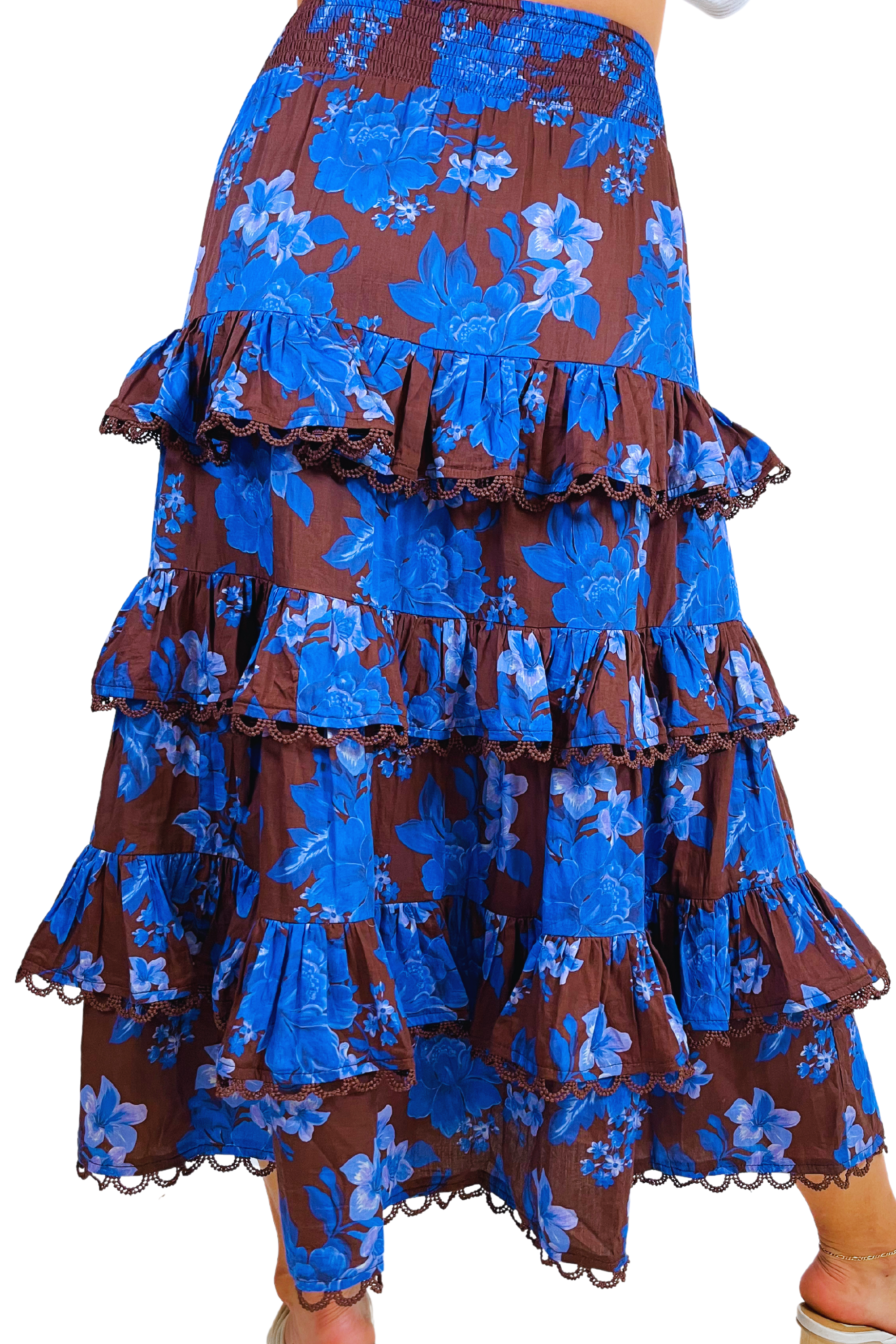 Savannah Tiered Lace Midi Skirt - Cobalt Floral