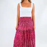 Britt Smocked Midi Skirt - Magenta Blossom