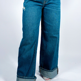 Super Wide Leg Cuffed Jean - Dark Denim