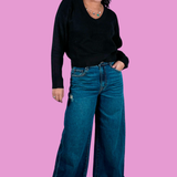 Super Wide Leg Cuffed Jean - Dark Denim