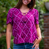 Brennan Flutter Sleeve Top - Violet Trellis