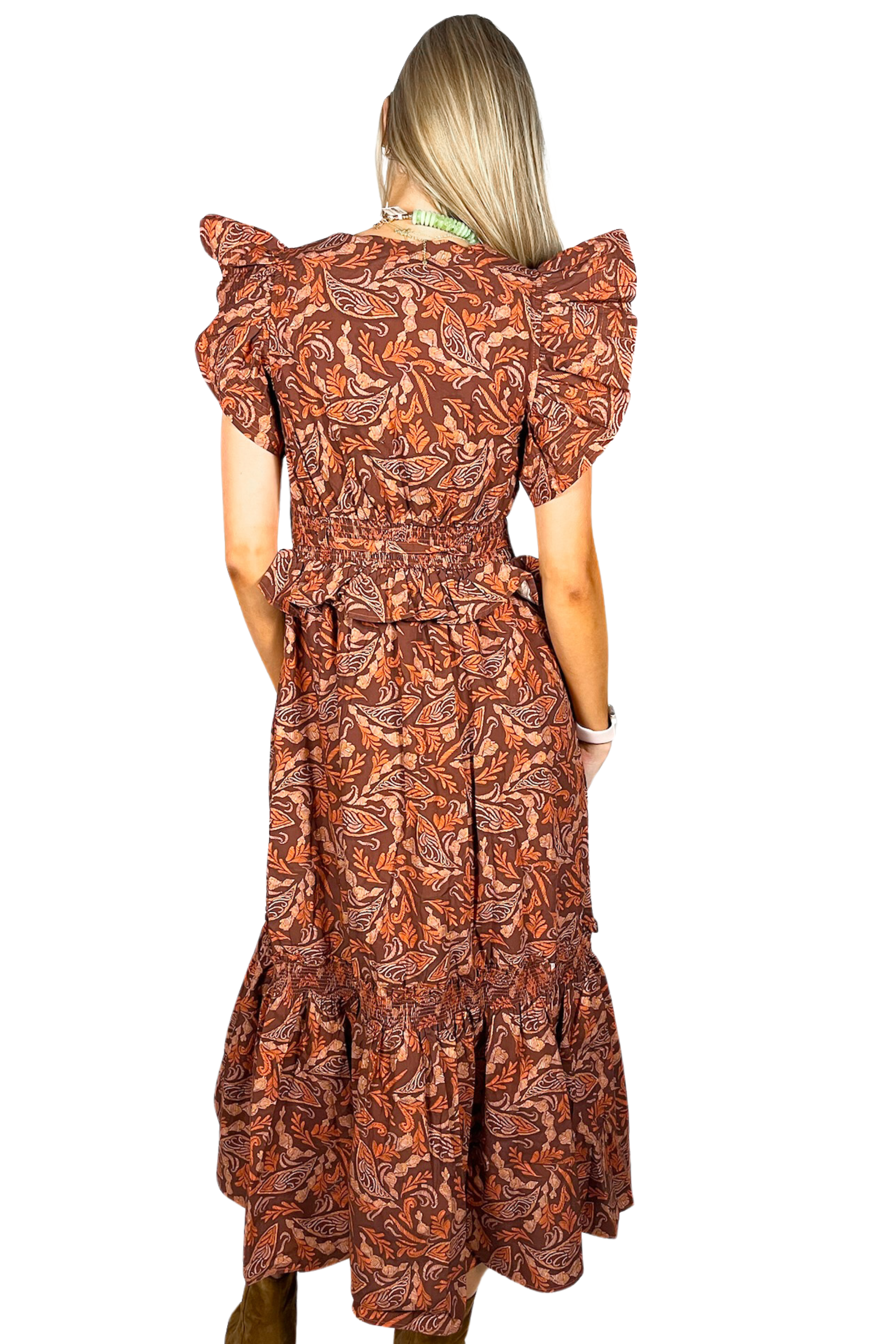 Hunter Ruffle Midi Dress - Brown Multi