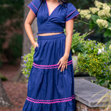 Ella Ric Rac Maxi Skirt - Navy/Pink