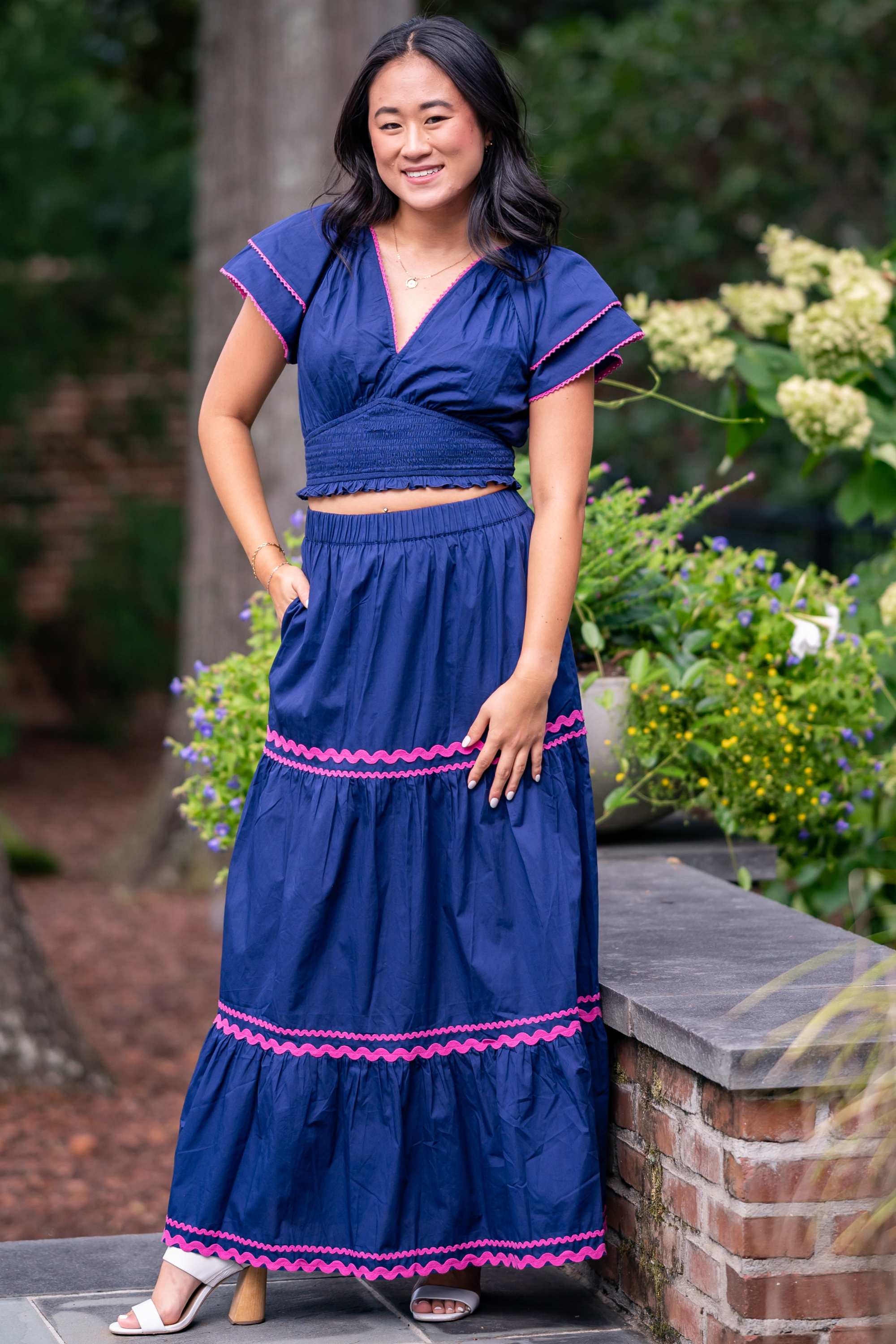 Ella Ric Rac Maxi Skirt - Navy/Pink