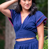 Grayson Ric Rac Smocked Crop Top - Navy/Pink