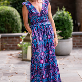 Madeline Smocked Maxi Dress - Navy Violet Floral