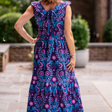 Madeline Smocked Maxi Dress - Navy Violet Floral