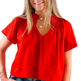 Natalie Cotton V-Neck Top - Red