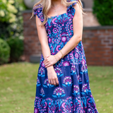 Sankaty Ruffle Sleeve Midi Dress - Navy Violet Floral