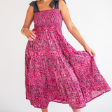 Joy Bow Blockprint Maxi Dress - Magenta Blossom