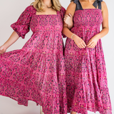 Joy Bow Blockprint Maxi Dress - Magenta Blossom