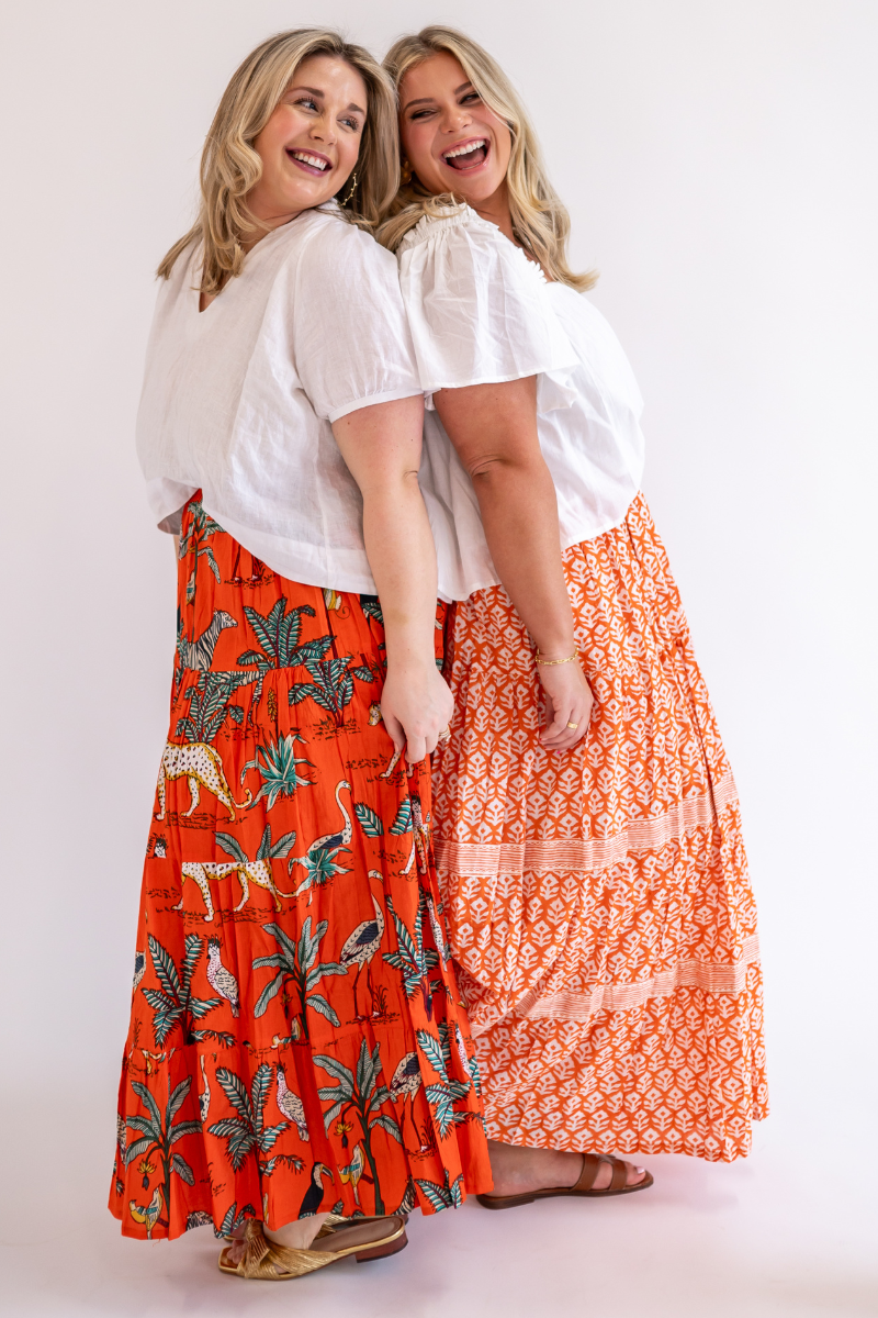 Blockprint Grace Maxi Skirt - Orange Wavy