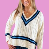 Nadia V-Neck Varsity Sweater - Cream/Navy/Blue