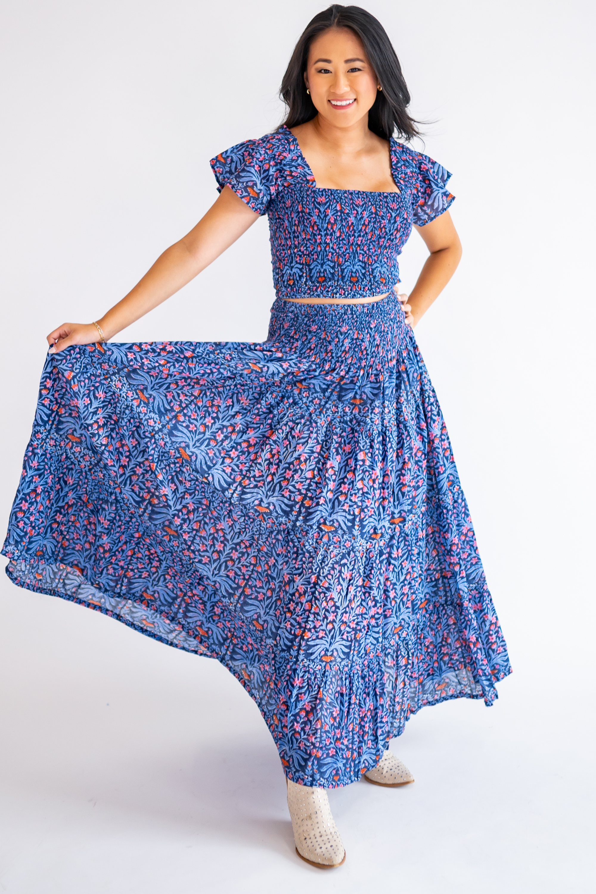 Britt Smocked Maxi Skirt - Navy Multi Blossom