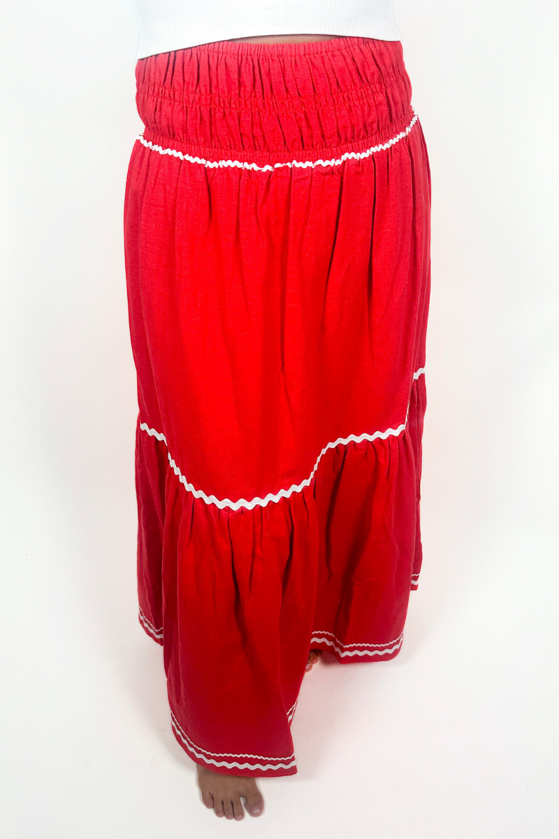 Belinda Ric Rac Linen Maxi Skirt - Red