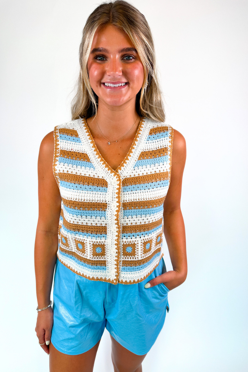 Chloe Crochet Vest - Light Blue/Mustard