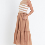 Roe Mixed Media Midi Dress - Camel/White