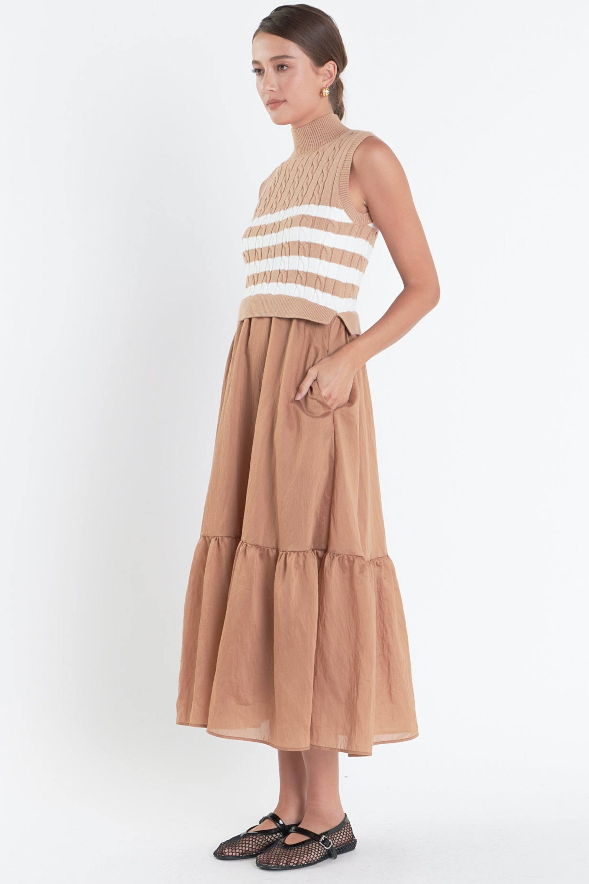 Roe Mixed Media Midi Dress - Camel/White